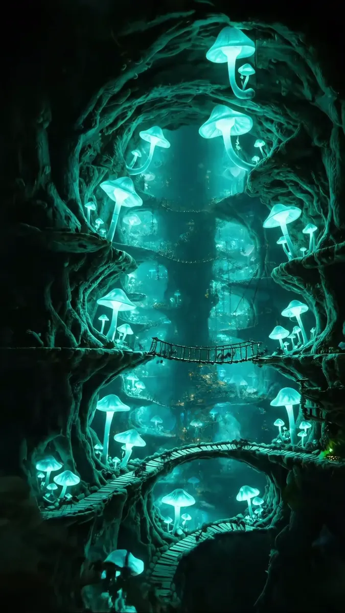 Ciudad subterránea iluminada por hongos
